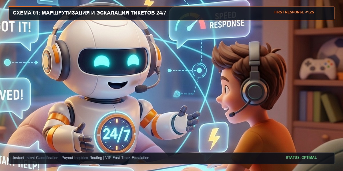 Схема 6: Потоковый конвейер обработки обращений игроков 24/7 и приоритизация очередей саппорта
